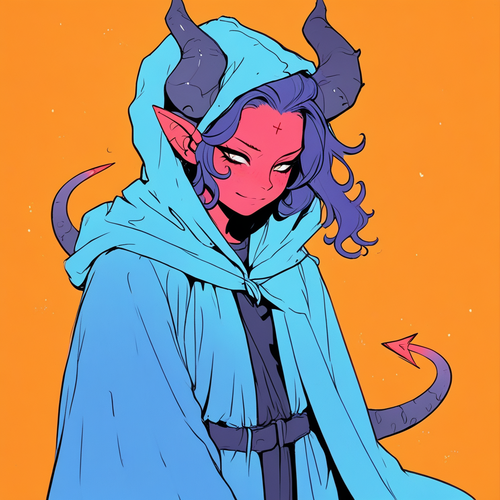 a tiefling girl in a hooded robe
