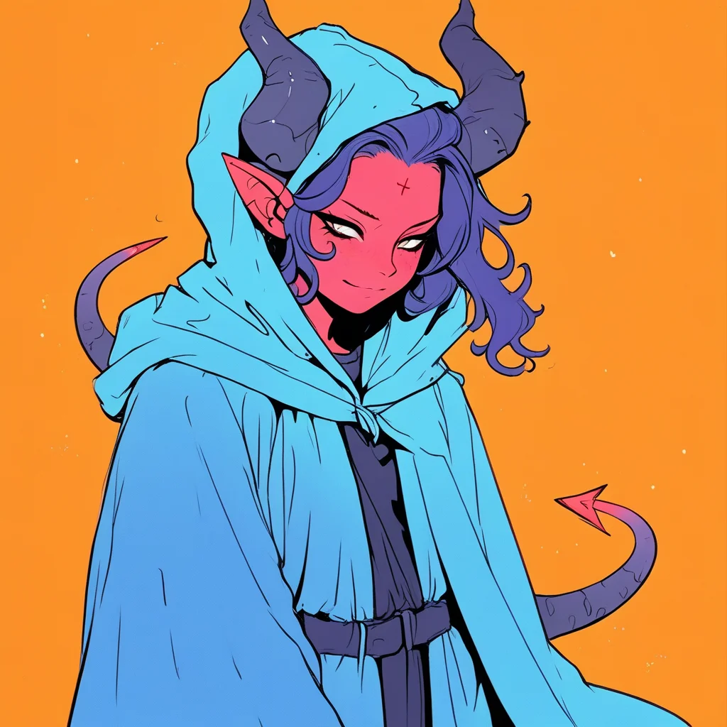 a tiefling girl in a hooded robe