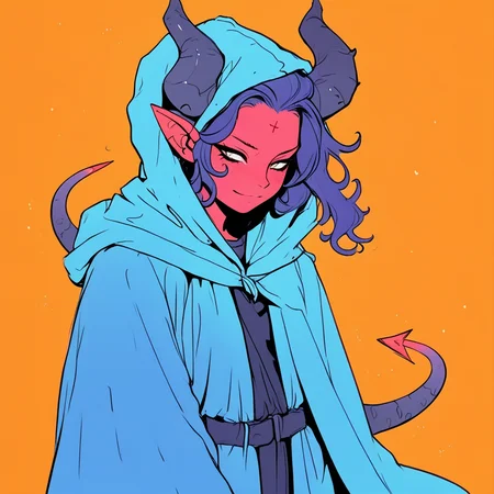 a tiefling girl in a hooded robe