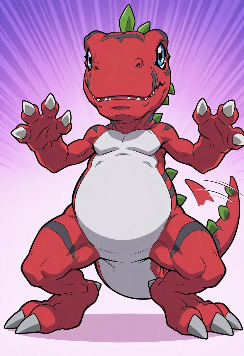 masterpiece,best quality,amazing quality, ultra high detail, good anatomy, perfect anatomy, anatomically correct hands, ultra detailed face, solo, , handsome, male only, Tyrannomon, Tyranomon, Digimon, Digital, Monster, red body, green spines, blue eyes, white belly on just tyrannomon, feral, buff, male only, tail in view, wagging tail, ready to pounce