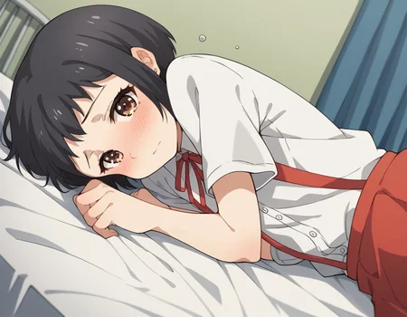 score_9, score_8_up, score_7_up, source_anime, <lora:hanako-hasegawa-ova-ponyxl-lora-nochekaiser:1>, hanako hasegawa, short hair, black hair, brown eyes,, skirt, shirt, ribbon, school uniform, white shirt, red ribbon, suspenders,, indoors, bed, bed room, on side, blush, drunk, looking at viewer, solo,, cowboy shot, dutch angle