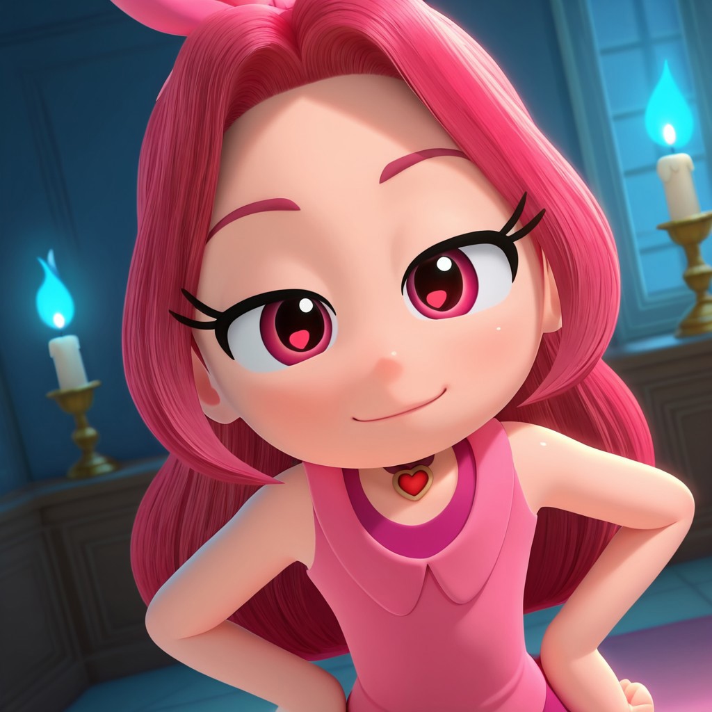 Red_Ruby, 1girl, solo, fair skin, pinkish-red eyes, long hair, pinkish-red hair, pinkish-red headband, purplish-red dress, pinkish-red vest, red heart choker, purplish-pink leggings, white socks, purplish-red shoes,  (light smile,dutch angle, Hands on hips,naughty pose, looking at viewer, indoors, Dark room, candle, blue light, skull, dynamic pose, head tilt,)