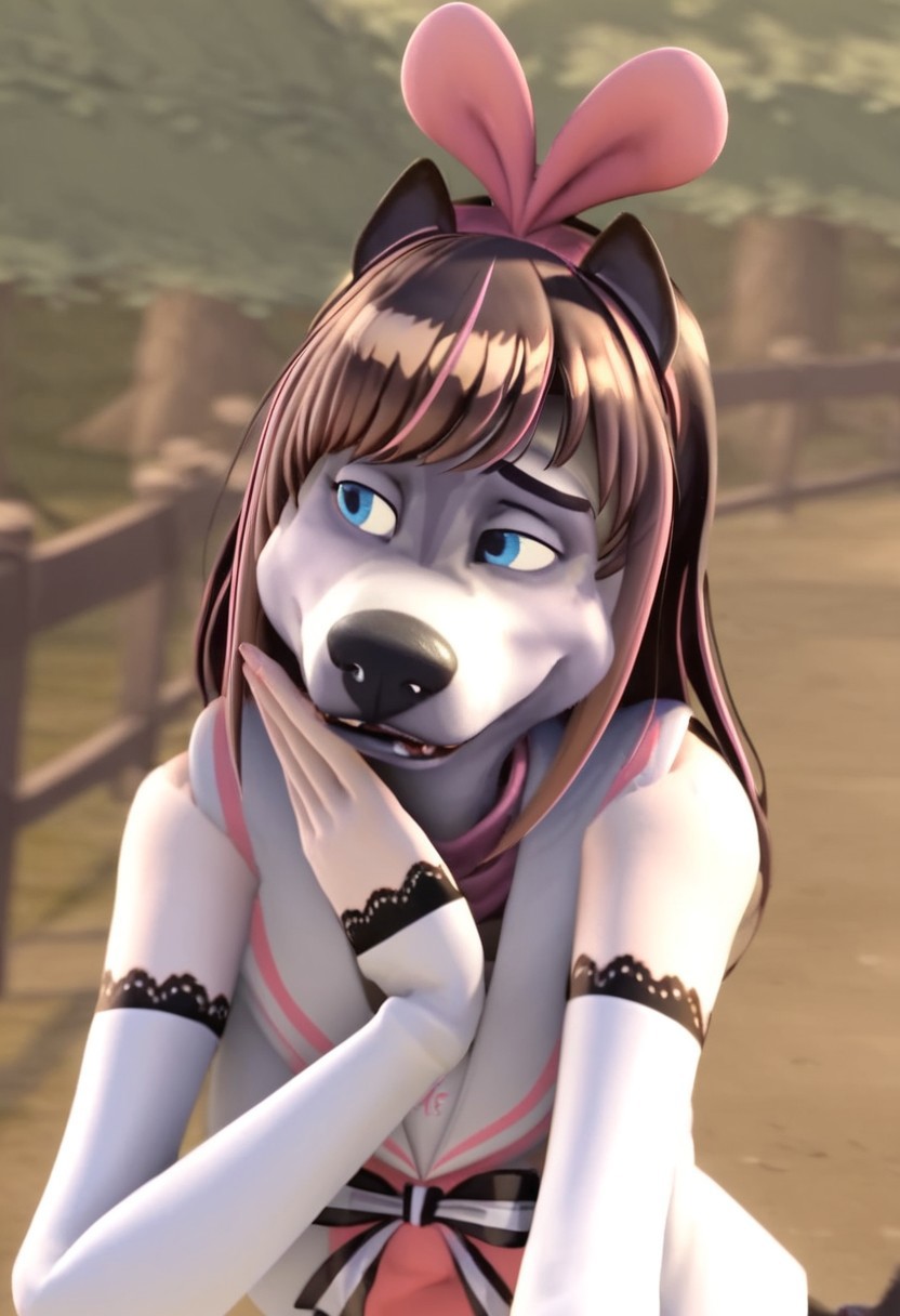 kizuna_ai_furry, 1girl, female furry, anthro, dog face, white and gray fur, small dog ears, long brown streaked hair (pink highlights and bangs), pink headband (heart-shaped), blue eyes, white and pink sailor suit (black and white striped ribbon), white arm sleeves (black lace), white short pants (pink highlights), white tigh highs (pink highlights and black lace), score_8_up, score_7_up, BREAK, 1girl, solo, looking away, cute, very sad, shy, mouth closed, wide eyes, head tilt, female focus, bedroom, 4k, masterpiece, best quality, highly detailed, 3d, Expressiveh, portrait,