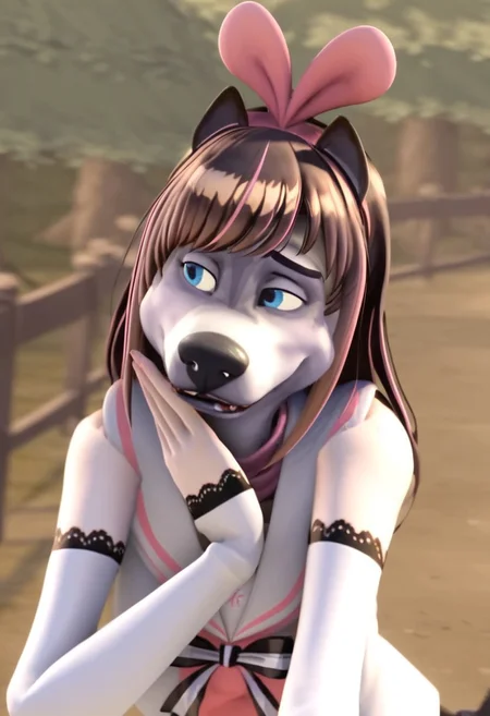 kizuna_ai_furry, 1girl, female furry, anthro, dog face, white and gray fur, small dog ears, long brown streaked hair (pink highlights and bangs), pink headband (heart-shaped), blue eyes, white and pink sailor suit (black and white striped ribbon), white arm sleeves (black lace), white short pants (pink highlights), white tigh highs (pink highlights and black lace), score_8_up, score_7_up, BREAK, 1girl, solo, looking away, cute, very sad, shy, mouth closed, wide eyes, head tilt, female focus, bedroom, 4k, masterpiece, best quality, highly detailed, 3d, Expressiveh, portrait,