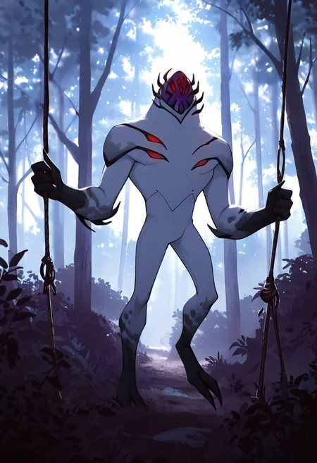 masterpiece, best quality, amazing quality, very aesthetic, absurdres, newest,, detailed background,
highbreed, extra eyes, solo, alien, white skin, purple face, , monster, red eyes, black hands, , claws, black head spikes, white body,
taller than trees, standing in forest, holding tree, swinging tree, weapon swing, daytime,