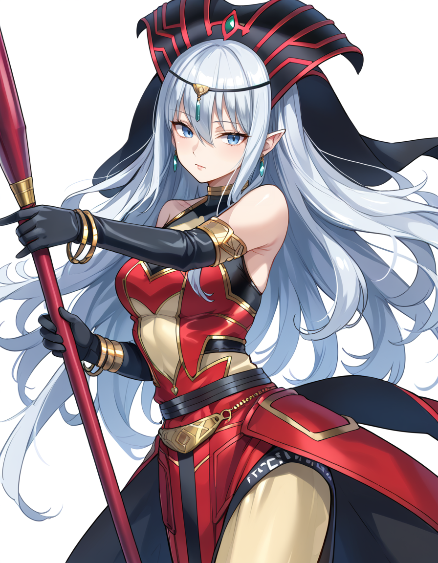 (score_9:0.9),score_8_up,score_7_up,rating_safe,anime style,(zPDXL),(zPDXL3),
<lora:Ruin Supreme Queen of Oblivion ponyXL v1.3:0.7>,ruin supreme queen of oblivion,1girl,solo,black elbow gloves,gold bracelet,crystal earrings,navel,white background,crystal circlet,staff,simple background,holding staff,red headdress,red dress,dark persona,