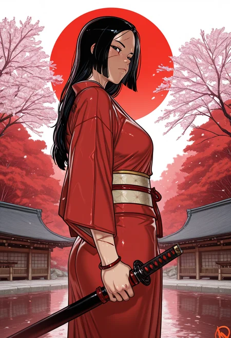 masterpiece, best quality, amazing quality, very aesthetic, absurdres, newest,
tori gate, mountains, kimono, mist, 1girl, mature female, long hair, black hair, black eyes, katana, serious, sakura trees, rising sun, red, white, scars, two bleeding wounds, two bracelets, looking at viewer, from side, from below, <lora:Ganassa_Style-IL:0.8> pkganassa