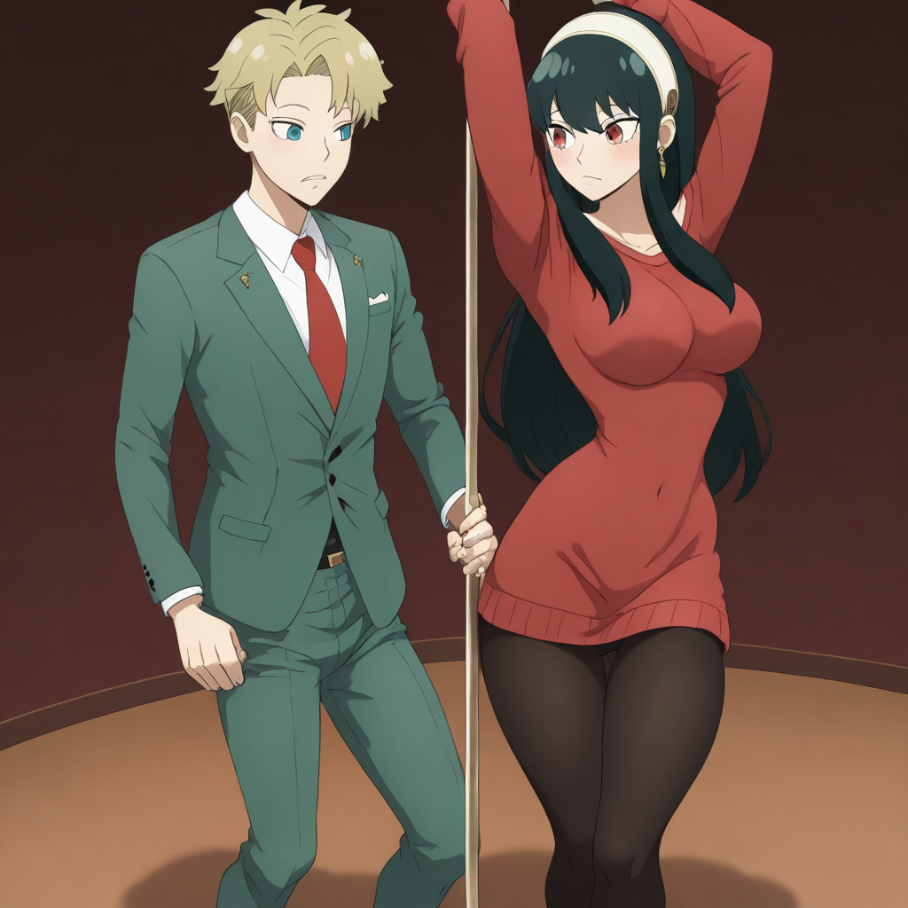 masterpiece, best quality, newest, absurdres, highres, anime, anime style, 1boy, loid forger (spy_x_family), blonde, blue eyes, green suit, 1girl, yor_forger, spy_x_family, black_hair, red_eyes, red sweater, PDAV1.0-pole, dance, dancing, private dance, pole, stripper pole, sexy pose, PDAV1.0, dance, dancing,