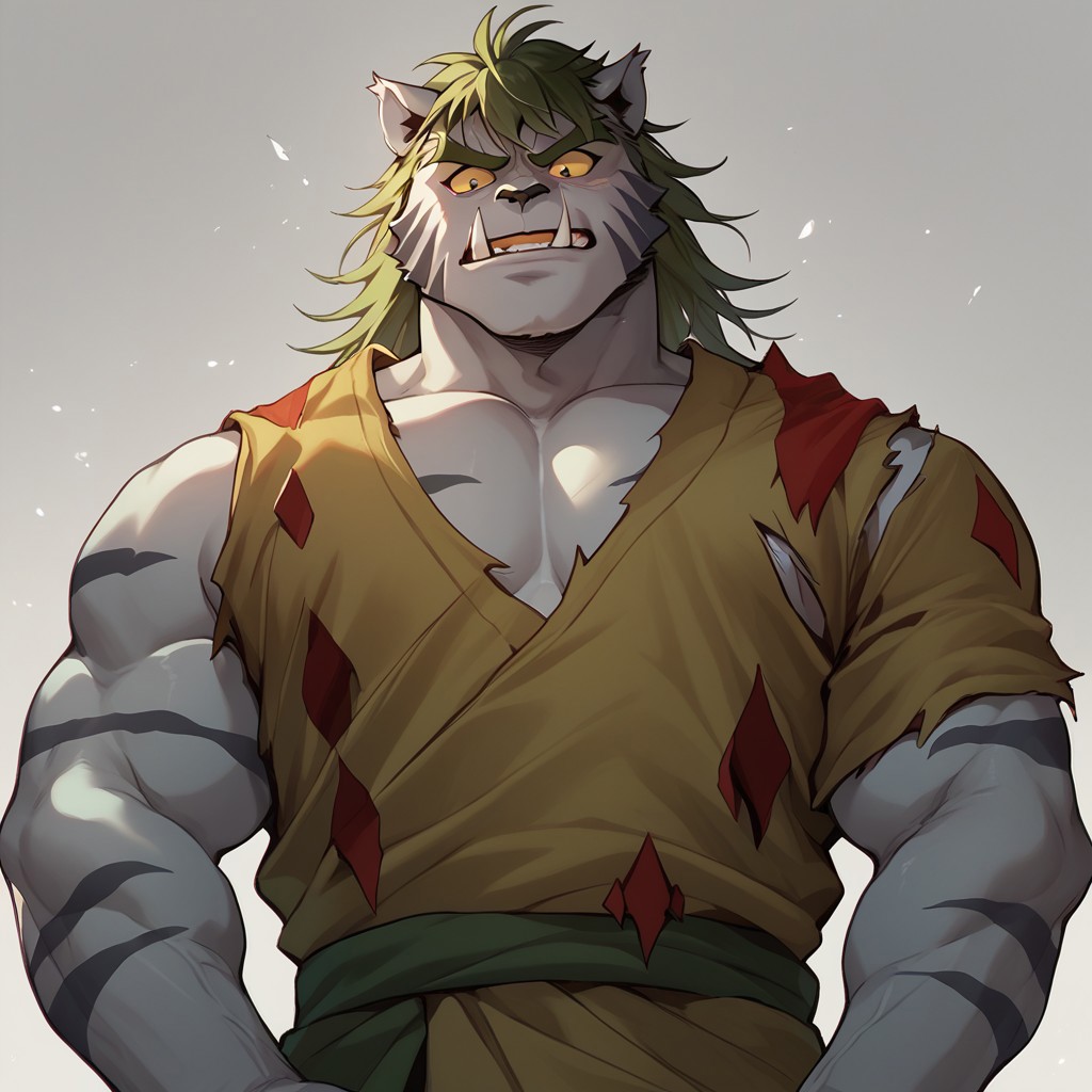 score_9, score_8_up, score_7_up, Byakko, bara, tiger boy, toga, bara, male focus, colored sclera,  solo, 1boy, torn toga