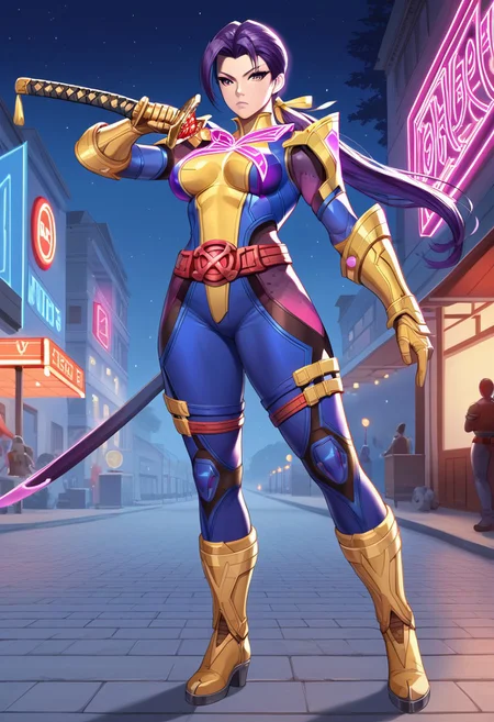 (score_9, score_8, score_7), masterwork, masterpiece, Expressiveh, psylocke, 1girl, solo, beautiful eyes, beautiful face, detailed eyes, detailed face,
long purple ponytail, serious look, yellow armored boots and gloves, glowing pink chest insignia, red belt, cyber armor suit with sleek black and pink contour panels, anime hero design, full body. tight blue and yellow bodysuit, glowing pink butterfly symbol on chest, red X-emblem belt, metallic yellow gauntlets and boots, pink mesh panels on thighs, black contour lines on hips and torso, fighting pose, dynamic pose, dynamic angles, pointing katana, street, night, neon sign