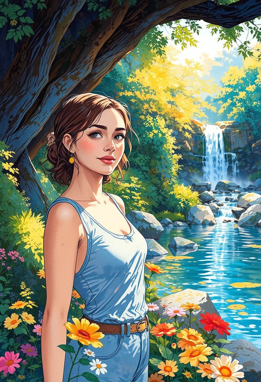 woman, outdoor portrait, Watercolor painting, transparent and delicate layers, luminous and ethereal effects, spontaneous and fluid compositions, subtle gradients and blending, captures light and atmosphere, creates soft and dreamy scenes,mirror maze, distorted reflections, flickering lights, eerie silence, confusing paths, unsettling tension, strange echoes, haunting reflections, spooky and surreal,hidden waterfall, gentle cascading water, surrounded by lush greenery, soft mist, peaceful and serene, intimate escape, glowing reflection, tranquil beauty,wildflower meadow, colorful blooms, bright sunlight, soft breeze, peaceful and joyful ambiance, vibrant nature, lively and serene atmosphere, tranquil beauty,