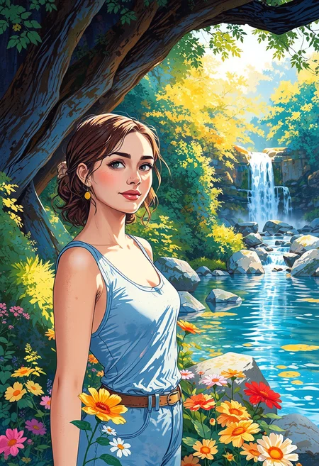 woman, outdoor portrait, Watercolor painting, transparent and delicate layers, luminous and ethereal effects, spontaneous and fluid compositions, subtle gradients and blending, captures light and atmosphere, creates soft and dreamy scenes,mirror maze, distorted reflections, flickering lights, eerie silence, confusing paths, unsettling tension, strange echoes, haunting reflections, spooky and surreal,hidden waterfall, gentle cascading water, surrounded by lush greenery, soft mist, peaceful and serene, intimate escape, glowing reflection, tranquil beauty,wildflower meadow, colorful blooms, bright sunlight, soft breeze, peaceful and joyful ambiance, vibrant nature, lively and serene atmosphere, tranquil beauty,