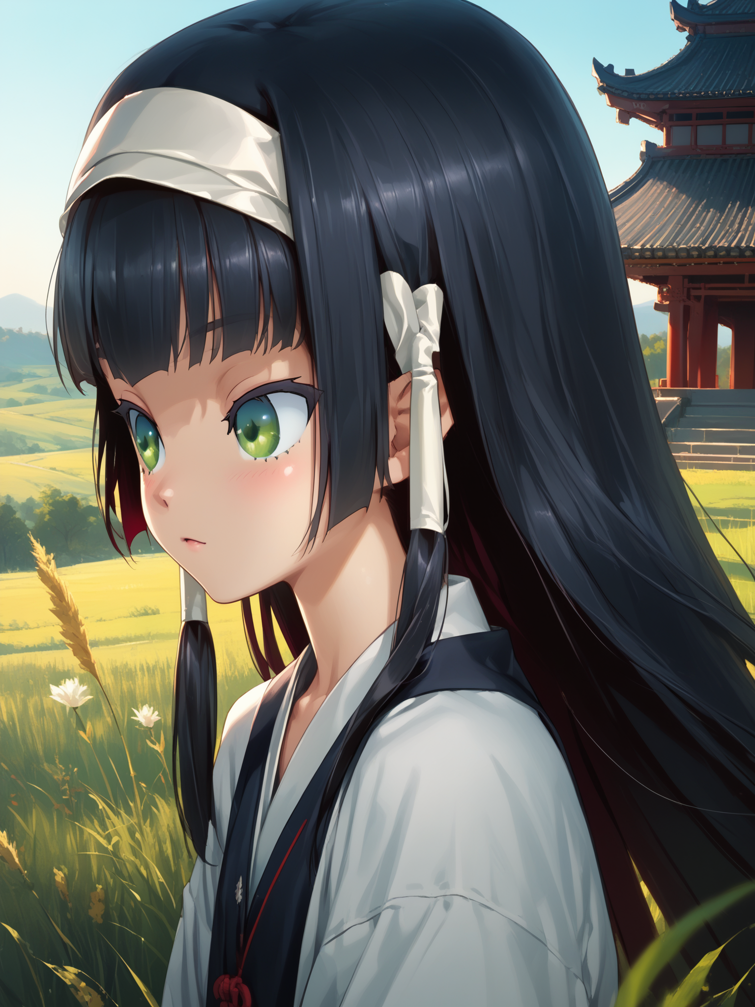 (upper body, solo focus:1.2) <lora:happy_tentacle-renge-v0.2-000016:0.9>, ht_renge, hair tubes, white hairband, (petite:1.2), <lora:Shed_The_Skin's StS_age_slider_v1_initial_release:-1.5> ( :1.1) ( , , ( :1.2) , , (looking at another:1.2) :1) , outdoors, vegetation, ( :1.1), , (dawn :0.6), (blue sky:0.6) , (:0.5), , (chinese architecture :0.9), (field :1.2) ( :0.8) score_9, score_8_up, score_7_up, score_6_up, score_5_up, score_4_up, ( :1) <lora:LUUNA's Lunas-NijiJourney-SDXL-B2:0.35>, nijijourney <lora:prgfrg23's Counterfeit-V3.0 Style SDXL_LoRA_Pony Diffusion V6 XL:0.5> <lora:mfcg's mfcgXL:0.12> <lora:reweik's gyokai(himehajime)_PonyXL_style_v01:0.14>