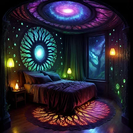 a magnificent futuristic bedroom, very detailed, intricate, dw01-3400, warm colour palette