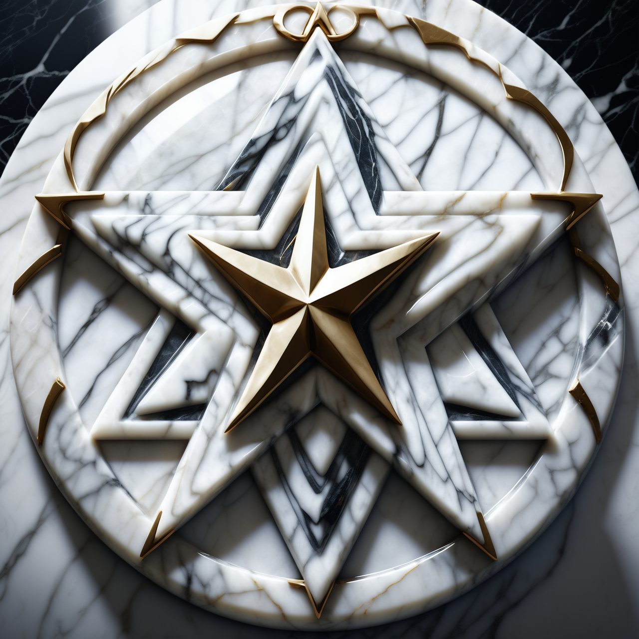 Jed-mrbl, <lora:MarbleStyle-000007:1>, shot from behind of a Pentagram, Respectable, inspired by Armani, pov, very inspirational, intricate detail, flowing, dynamic, dynamic background, dynamic composition, badge, advanced cinematic perfect light, polished, dynamic dramatic atmosphere, excellent composition