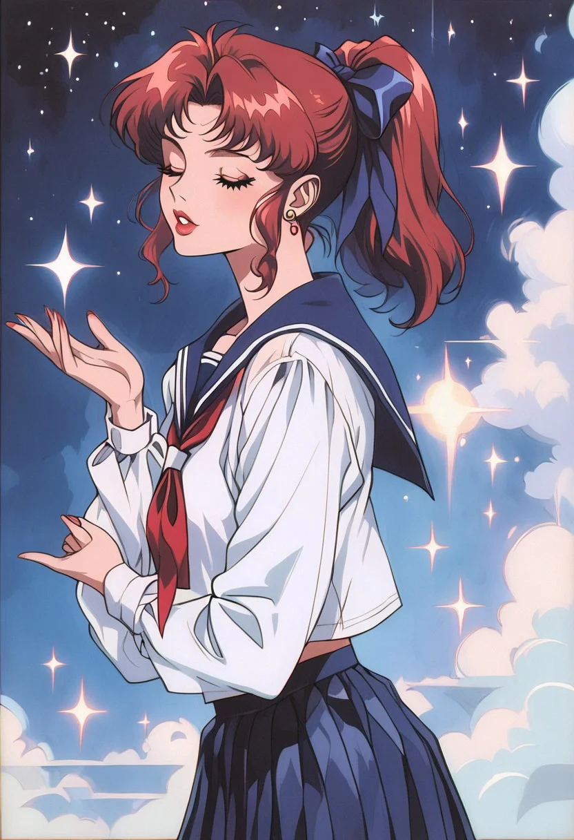 score_9, score_8_up, score_7_up, score_6_up, score_5_up, score_4_up, BREAK sourse_anime, retro anime style, detailed retro anime, 90's anime style, 1990s \(style\), Vintage, dreamy psychedelic anime, high quality, best quality, anatomically correct, masterpiece, BREAK 1girl, solo, from side, view from the back, BREAK blue hair, ponytail, (red hair ribbon), beautiful teenage girl, red neckerchief, BREAK serafuku, (white short with long sleeves), green pleated skirt, closed eyes, BREAK (hands reach out to the star), (night, shining stars in the sky on background), translucent rainbow, cowboy shot, y0mu_y4k4d4sh1, solo