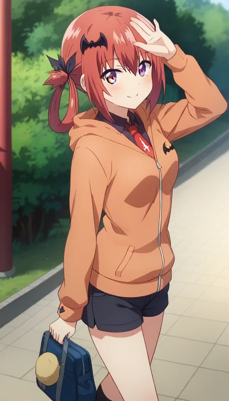 score_9,score_8_up,score_7_up,score_6_up BREAK official art,solo,outdoors,cowboy shot,looking at viewer,facing viewer,smile,blush,Satanichia Kurumizawa McDowell,long hair,red hair,hair rings,black ribbon,bat hair ornament,sidelocks,hair between eyes,bangs,purple eyes,orange hoodie,aqua vest,long sleeves,medium breasts,blue shorts,black socks,loafers,<lora:Satanichia Kurumizawa McDowell(gd)-Pony:1.4>,