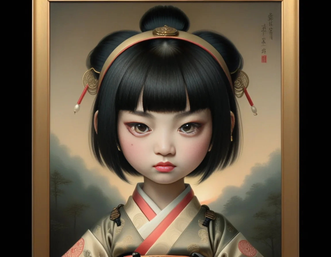 lowbrow, breathtaking detailed soft painting of a young Japanese warrior girl in silk, with short bob black hair and piercing eyes, temple at twilight, symmetrical realistic features, rembrandt style, elegant, highly detailed lowbrow in the style of <lora:lowbrow_XL:1>