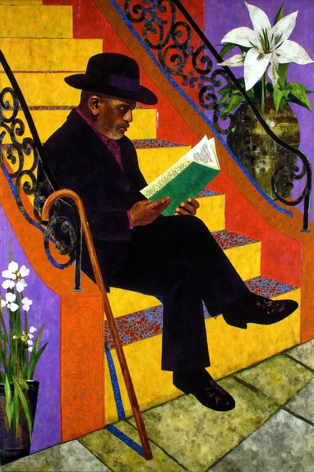 mixed media collage.
a man sitting on a set of stairs, reading a book. The man, dressed in a black suit and a black hat, is holding a book in his left hand, while his right hand is resting on the book. His right leg is crossed in front of him, and his left leg is slightly bent at the elbow. The book is held up against his right leg, with a text on it that reads "for, wevels, think, forming." To the left of the man, there is a wooden cane leaning against the wall, adding a touch of color to the scene. The wall is adorned with a variety of colors, including orange, yellow, purple, blue, and green. To the right of the image, a large flower vase with a white flower in it is visible. <lora:ekho_collage_nocap_d6a3e12:1.0><lora:824683998002396433:0>