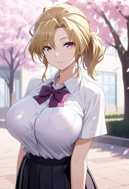 masterpiece, best quality, amazing quality,reika miyanokoji, purple eyes, blonde hair, short hair, ponytail, mature female, 1girl, breasts,large breasts,school uniform,pleated skirt,white shirt, black skirt, purple bow,short sleeves, parted lips, light smile, standing, looking at viewer, cowboy shot, blurry background, outdoors, school, cherry blossoms <lora:reika miyanokojiV1:1>