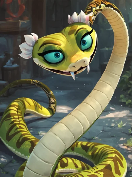 <lora:ViperPony1.1:0.75> viperkfp, snake, 1girl,solo, solo focus, furry, solo, blue eyes, animal focus, looking at viewer,furry female, fangs, score_9, score_8_up, score_7_up, score_6_up