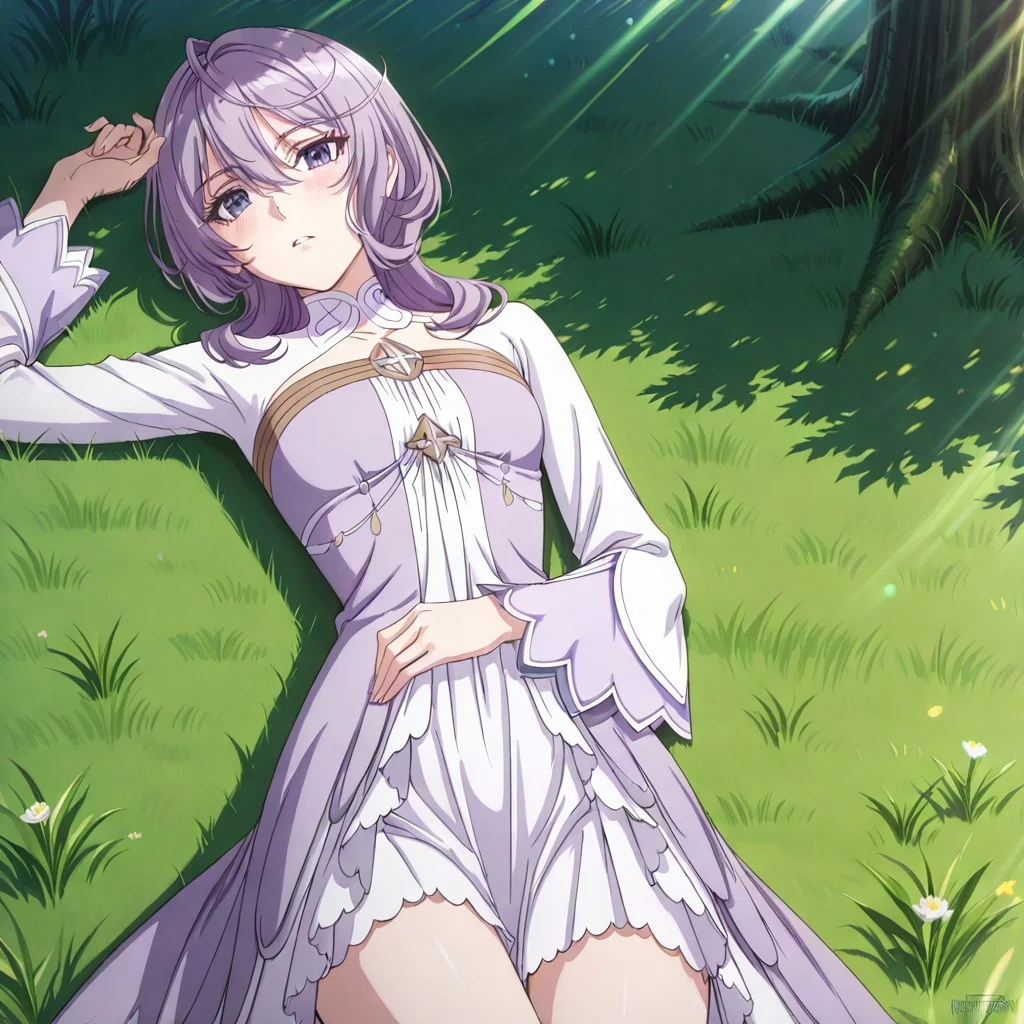 score_9, score_8_up, score_7_up, dynamic view, eye_focus, solo, looking_at_viewer, 1girl,
masterpiece, best quality, bokeh, luminescent background,
( philiaa denauer, purple hair, ahoge, long hair, blunt bangs, hair over shoulder, hair betveen eyes, purple eyes, small breasts, closed mouth, serious face, dress, two-tone dress, purple dress, white dress, sidelocks, long sleeves, white shoes,
),
looking_at_viewer, 1girl, masterpiece, best quality, bokeh, luminescent background, girl, solo, arm up, blush, looking at viewer, lying, on back, parted lips, grass, sunlight,