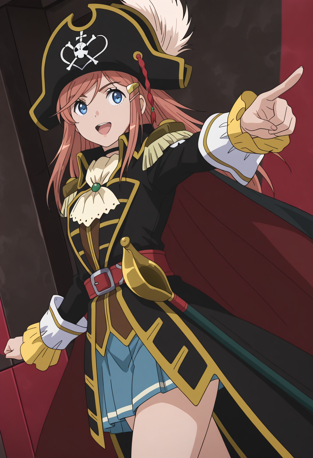 masterpiece, best quality, very aesthetic, absurdres, 1girl, solo,
<lora:kato_marika_v01:1>, kato_marika, marika_pirates1, brown hair, long hair, blue eyes, hairclip,
pirate, pirate hat, hat feather, multicolored cape, red cape, black cape, epaulettes, black choker, white ascot, red belt, blue skirt, plated skirt, smile, open mouth, pointing, outstretched arm, dynamic pose, dutch angle, (from side:0.6), (looking to the side:0.6),