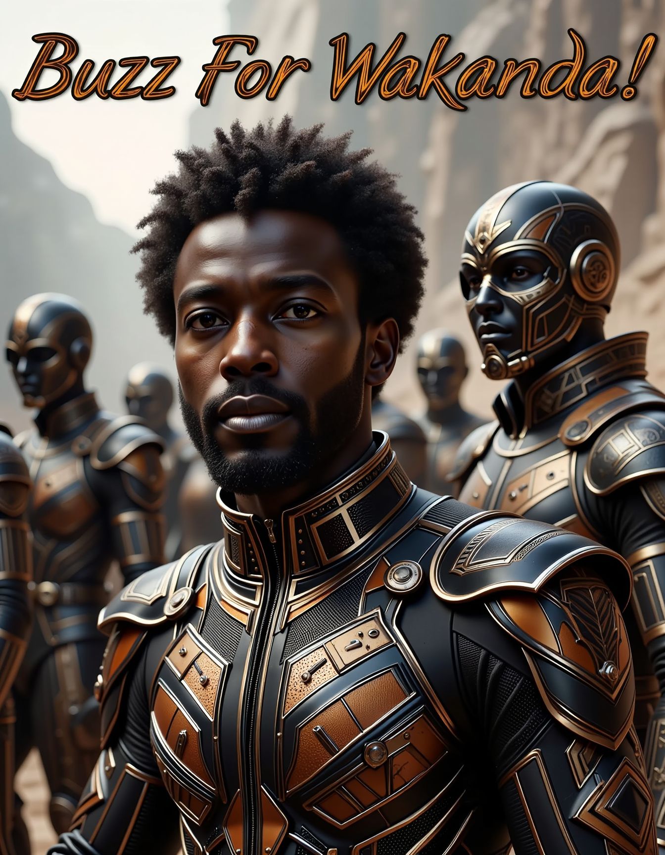 african man with curly short  hair wearing slick futuristic cybersuit looking at viewer
, behind him are his bretheren girded for fight
, text at top of image text "Buzz For Wakanda!" written with thin golen-orange letters
 <lora:Dever_Flux_Enhancer:0.5> <lora:dvr-afrofuturism-flux:1> afrofuturism <lora:AntiBlur:1>