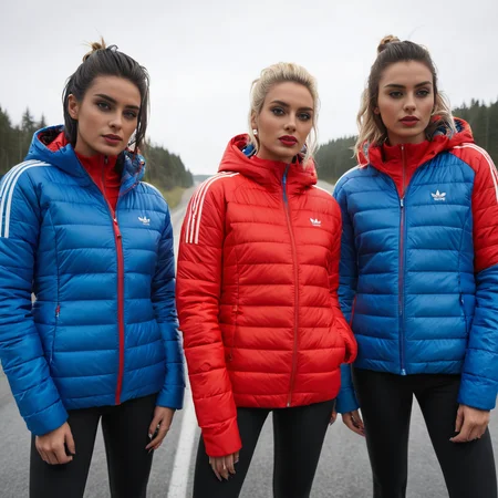 (dark cinematic still, dark vibes) sexy slim skinny group of swedish women ,unique, wearing a zipped up red and blue adidas_puffer_jacket, unique hair styles, 8k uhd, dslr, high quality, photorealistic, realism, hyperrealism, ((car scene)),
<lora:adidas_puffer_jacket_v1:1>