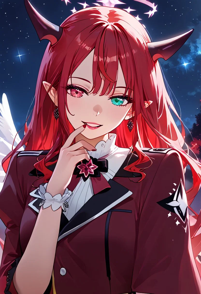 masterpiece, high-quality, ultra-detailed, IRyS, depicted as half-angel and half-demon, with a pose similar to holding a hand mirror, clear hand structure. She gazes softly at her reflection with a serene smile, heterochromia, glowing gently. Her angelic side features delicate white feathers and radiant golden hair, while her demonic side has crimson horns and dark, flowing hair. Her outfit blends soft, angelic white fabrics with bold, dark crimson patterns, symbolizing the duality of her nature.
The background is a mystical twilight sky, blending the warm hues of a setting sun with the cool tones of a rising moon. The horizon is filled with scattered stars, with one side glowing softly with celestial light and the other shrouded in shadows. The atmosphere captures her ethereal beauty and the harmony between her contrasting halves