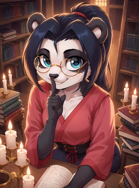 safe_pos, score_9, score_8_up, score_7_up, Expressiveh, score_9,score_8_up,score_7_up,very aesthetic ,(masterpiece:1.4), (best quality), (colorful), (detailed), cinematic lighting, volumetric lighting, anthro, pandaren, librarian, round glasses, shh, index finger near mouth, "keep quiet", sitting on a chair, table, candle, dark room, book stack, sexy smile, sexy eyes, look at viewer, comics, smile (background: library, night, bookshelves) high-angle view,, <lora:LiLi_PDXL-000006:1>, lilistormstout,