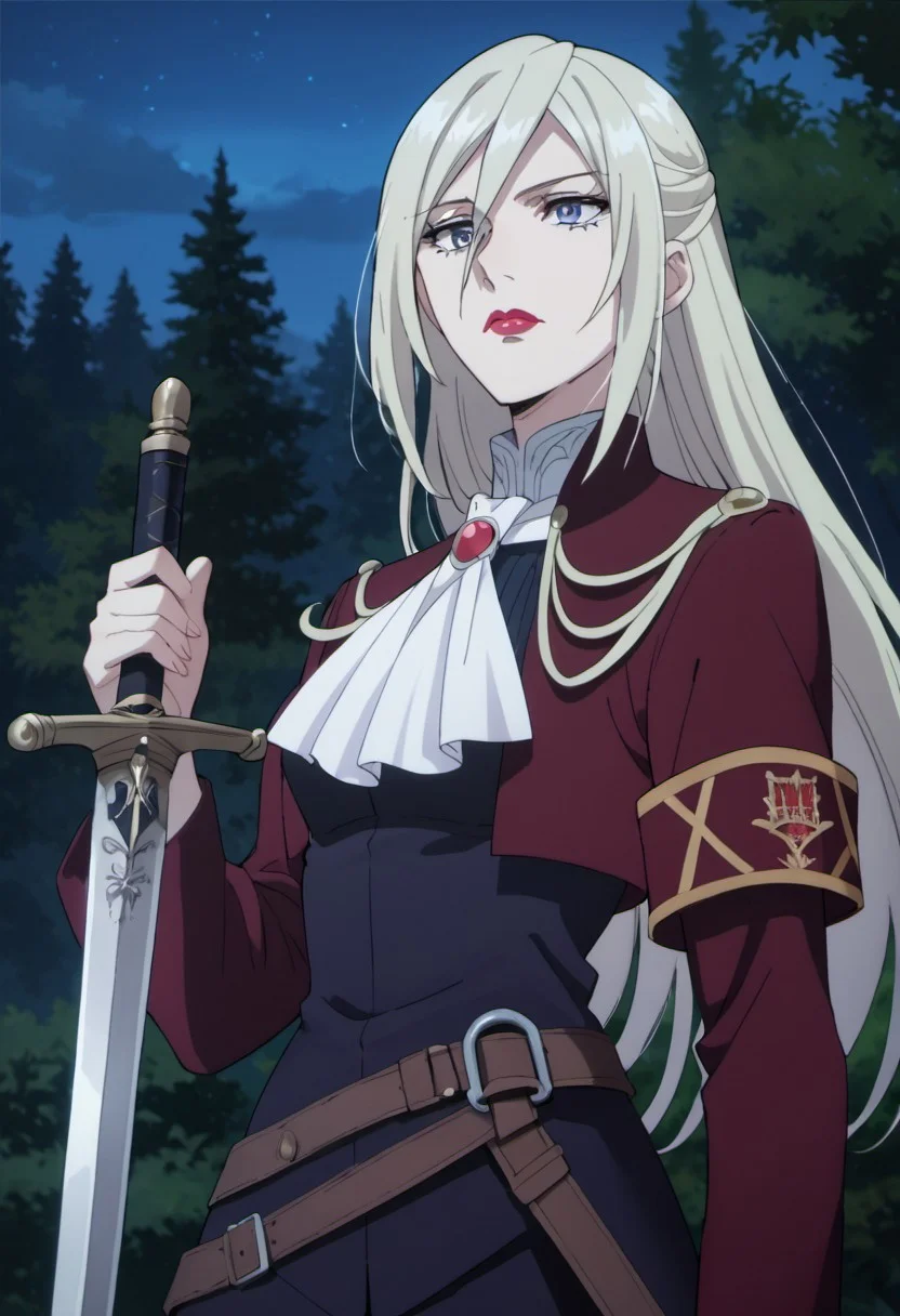 score_9, score_8_up, score_7_up, source_anime, elynsia teos rave, long hair, light blonde hair, grey eyes, 1girl, solo, weapon, sword, tree, blue eyes, night, hair between eyes, lipstick, ascot