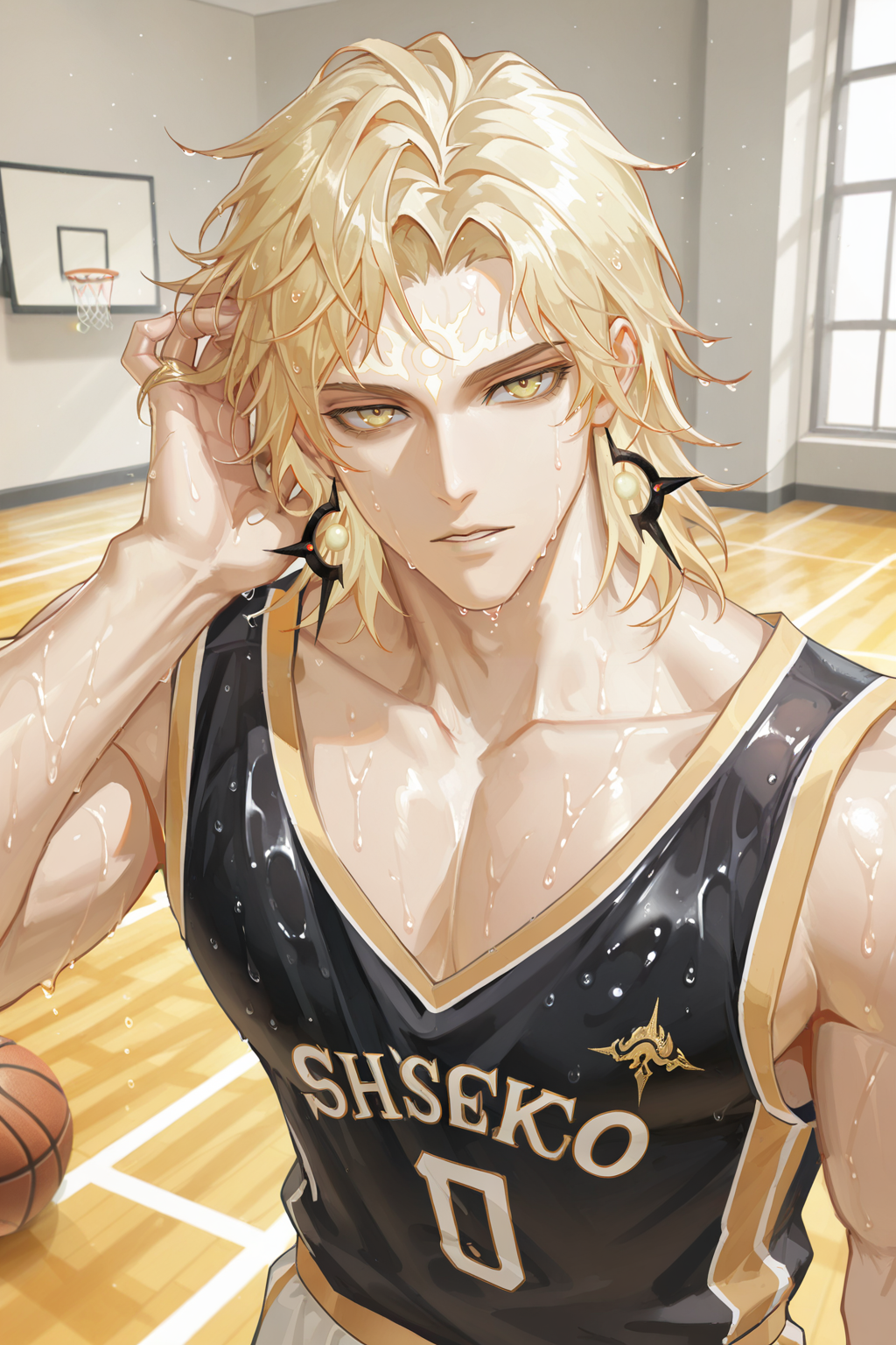 <lora:susanoo-IL:0.8>,susanoo, blonde hair, dishevelled hair, 1boy, yellow eyes,forehead mark, solo,basketball uniform,looking at viewer,sweat,parted lips,wet hair,hand on own hair,bara,male focus,very awa,masterpiece,best quality,amazing quality,nsfw,uncersored,highres,best quality,amazing quality,best aesthetic,absurdres,