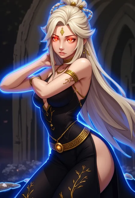 An Anime-styled illustration close-up portrait of the character queen marika the eternal from the Elden Ring video game
The image is of a regal and ethereal female character who exudes an aura of divinity and power. The character has long, flowing blonde hair that cascades down her back, with soft waves framing her face. Her eyes are a glowing, intense golden-yellow, with a glowing red light in the center of each pupil which stand out, giving her a mesmerizing and otherworldly appearance. She wears a black, flowing dress that is intricately adorned with gold vine patterns, emphasizing her royal status. The dress is designed to reveal her shoulders and a deep neckline, adding a sense of allure while maintaining her elegance.
Queen marika the eternal is depicted in a graceful and confident pose, squatting slightly with one hand resting behind her head, while the other arm is relaxed by her side. She wears a golden circlet or tiara on her forehead, which further enhances her regal presence. A delicate gold necklace rests around her neck, and a matching gold belt cinches her waist, adorned with intricate symbols.
The background is dark and blurry creating an ethereal atmosphere that complements the character's divine nature.
Queen marika the eternal is highlighted by a faint glowing blue outline around it, indicating that they might be using or preparing to use some sort of power or ability. C0NTR4CT0R