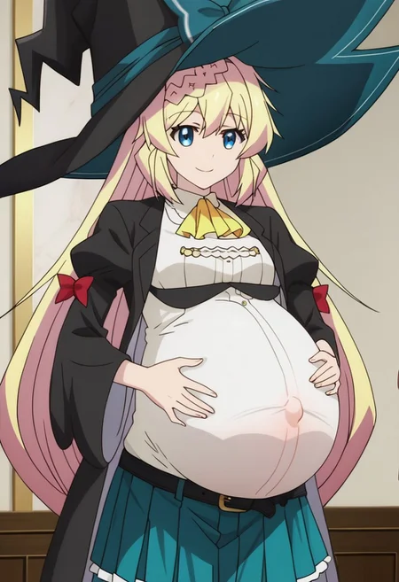 best quality, masterpiece, 4k, perfect lighting, very aesthetic, anime, anime coloring, official art, anime screencap, bedroom, (large pregnant belly:1.3), happy, smile, (hands on belly:1.5),
azusa, blonde_hair, blue_eyes, braid, very_long_hair, witch_hat, hat_bow, ascot, (white_shirt:2.5), belt, puffy_sleeves, frills, pleated_skirt, brown_footwear, boots, black_jacket, bow
(pregnancy clothes:1.5), (covered belly:1.5)