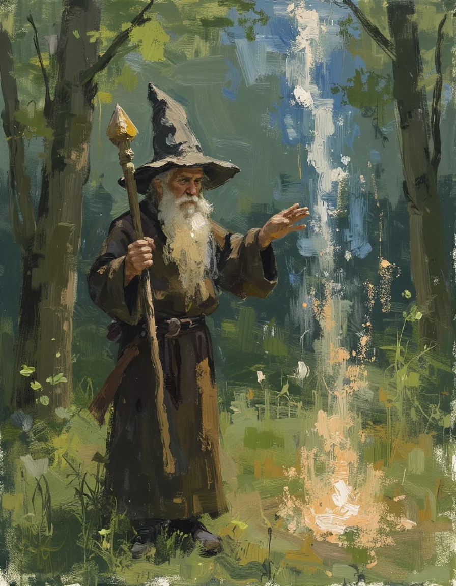 sketch painting of a wizard in a forest clearing holding his crystal-topped staff aloft casting magic summoning a portal, glowing magic trails light dust, annotated color illustration on parchment