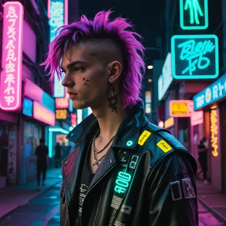 a photo of a young man dressed in cyberpunk clothes standing in a dark city street lit by neon glow from neon signs, (disheveled:1.2), (messy hair:1.2), shaved sides, <lora:concept_hair_shaggyMullet_sdxl_v1-shaggyMullet:1> shaggyMullet, shaggyMullet Hair