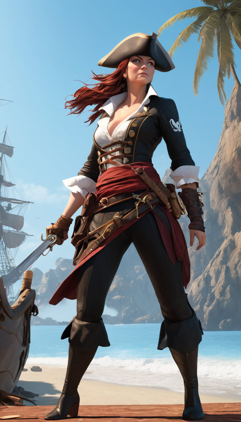 Cinematic scene, hero view, female pirate, action pose, detailed background, masterpiece, best quality, high quality, highres, absurdres <lora:steampunk_xl_v1:1>