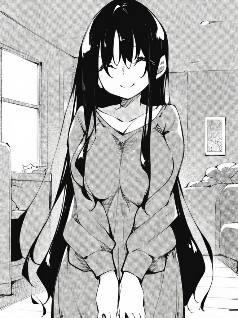 score_9, score_8_up, score_7_up,  
1girl, monochrome, kokonoe yuka, black hair, long hair, large breasts,

standing, smile, closed mouth, closed eyes, looking at viewer, grey dress, long sleeves, v arms, indoors, living room,