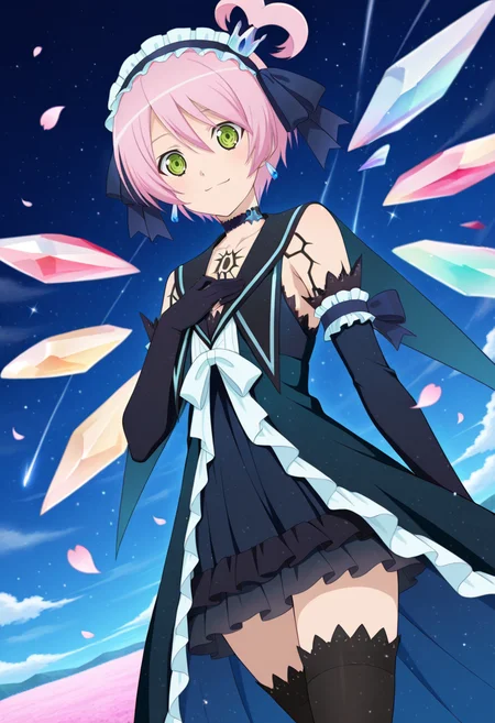 night, floating petals,
BREAK,
light smile, hand on chest,
cowboy shot, dynamic angle,
looking at viewer,
BREAK,
<lora:kanonnoEX_illustriousXL_v01:0.9>
kanonnoEAst, dark kanonno, pink hair, short hair, side ponytail, hair ribbon, headdress, frills, green eyes,
long dress, black dress, sleeveless, body markings, detached sleeves, bare shoulders, crystal wings,
black thighhighs,, source_anime, very aesthetic, anime coloring, masterpiece,
best quality, amazing quality, ultra detailed, very aesthetic,
detailed background,
BREAK,