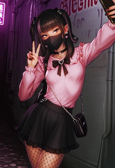 safe, masterpiece, very aesthetic, muhamaru yuni, realistic, alley
BREAK 1girl, small breasts, petite, jirai kei, mouth mask, v sign, selfie, frills, skirt, fishnets, handbag
<lora:MuhamaruYuni_NAIXL_v10:1>