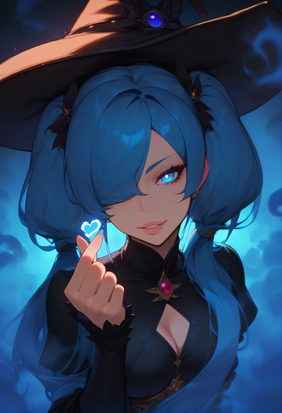 [--------------------------------------- BASE ----------------------------------------::-1]
(masterpiece,best quality, highly detailed, score_9, score_8_up, score_7_up, score_6_up,source_anime)
[--------------------------------------- VIEW ----------------------------------------::-1]
(from above) (from side) (depth of field)
[--------------------------------------- SITE ----------------------------------------::-1]
(blue theme) (blue fog:1.8) (dark background) (water ripples) (feathers) (spirit) (magic:1.9) (glowing background) (backlighting)
[--------------------------------------- CHAR ----------------------------------------::-1]
[--------------------------------------- BODY ----------------------------------------::-1]
(medium breasts)
[--------------------------------------- MOVE ----------------------------------------::-1]
(looking up) (standing) (mage staff) (hand up) (clenched hands) (arched back) (finger heart:1.4)
[--------------------------------------- FACE ----------------------------------------::-1]
(eyeliner) (blue eyes) (glowing eyes) (light smile) (head tilt) (parted lips)
[--------------------------------------- HAIR ----------------------------------------::-1]
(long hair) (blue hair) (twintails:1.8) (hair over one eye) (sidelocks)
[--------------------------------------- WEAR ----------------------------------------::-1]
(black witch) (cleavage cutout:1.4) (feather trimmed sleeves) (puffy sleeves) (witch hat:1.4) (amulet) (ornate clothes) (gold trim) (hair ornament) (hat ornament) (blue fingernails)
[--------------------------------------- LORA ----------------------------------------::-1]
<lora:Expressive_H-000001:1> Expressiveh
<lora:princess_xl_v1:1>
<lora:incase-ilff-v3-4:0.8>
<lora:g0th1cPXL:0.35> g0thicPXL
<lora:finger_heart_korean_retry_1:1>