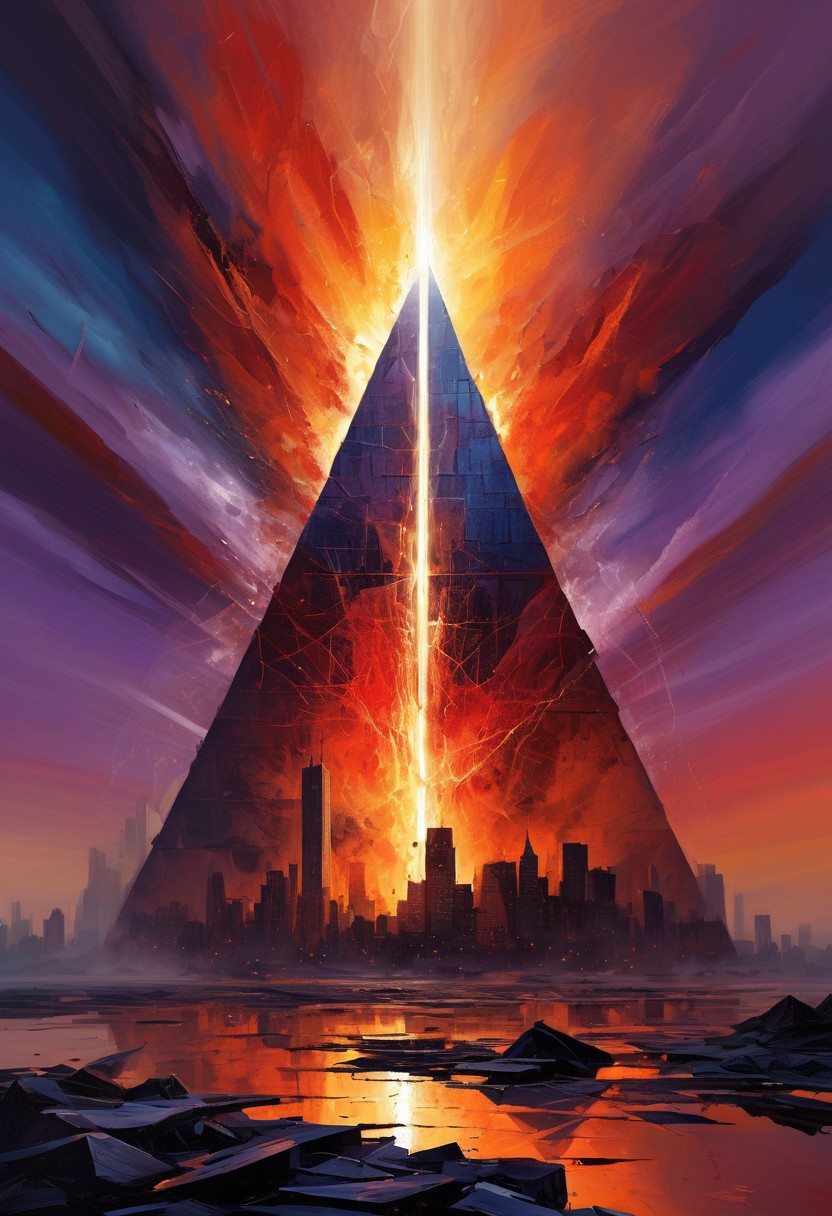 Galaxy pyramid city,
Abstract illustration, surreal fractured landscape, twilight sky with deep indigo to fiery orange gradient, towering geometric shapes resembling shattered glass and steel beams, inner light glowing within structures, dark polished surface reflecting light, ethereal swirling fog in muted purples and blues, vibrant golds and reds in the distance, bursts of light and shadow creating dynamic contrast, white beam of light piercing the sky symbolizing memory and hope, abstract expressionism and digital futurism hybrid, bold colors with intense reds, blacks, golds, and silver, light casting long stretched shadows, broad sweeping brushstroke textures enhanced with digital precision, mist swirling at the base of the scene, radiant sky evoking reflection and honor, powerful and dramatic atmosphere, emotional tribute to 9/11 without banality or figures.