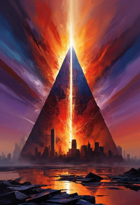 Galaxy pyramid city,
Abstract illustration, surreal fractured landscape, twilight sky with deep indigo to fiery orange gradient, towering geometric shapes resembling shattered glass and steel beams, inner light glowing within structures, dark polished surface reflecting light, ethereal swirling fog in muted purples and blues, vibrant golds and reds in the distance, bursts of light and shadow creating dynamic contrast, white beam of light piercing the sky symbolizing memory and hope, abstract expressionism and digital futurism hybrid, bold colors with intense reds, blacks, golds, and silver, light casting long stretched shadows, broad sweeping brushstroke textures enhanced with digital precision, mist swirling at the base of the scene, radiant sky evoking reflection and honor, powerful and dramatic atmosphere, emotional tribute to 9/11 without banality or figures.