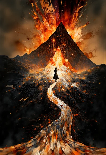 Amidst swirling pyramidal peaks that melt seamlessly from one gradient hue into another, a shadowy female figure radiates an enigmatic presence. In the darkness of this mysterious realm, bold ink-like brushstrokes weave into each other, creating intricate tapestries of crimson splashes and deep blackness. This dark fantasy scene bursts with abstract chaos, where reality blends with the ethereal as time stands still amidst ever-shifting swirls of color. In this dynamic composition, the woman appears as both captivating and haunting, seemingly absorbed into the chaotic tumult of the realm. As you contemplate the interplay between light and shadow within this otherworldly landscape, your imagination is captivated by the mysterious beauty and overwhelming enigma presented before you. ,<lora:flux/fav/Fluxartis IIB.safetensors:1.0:1.0>