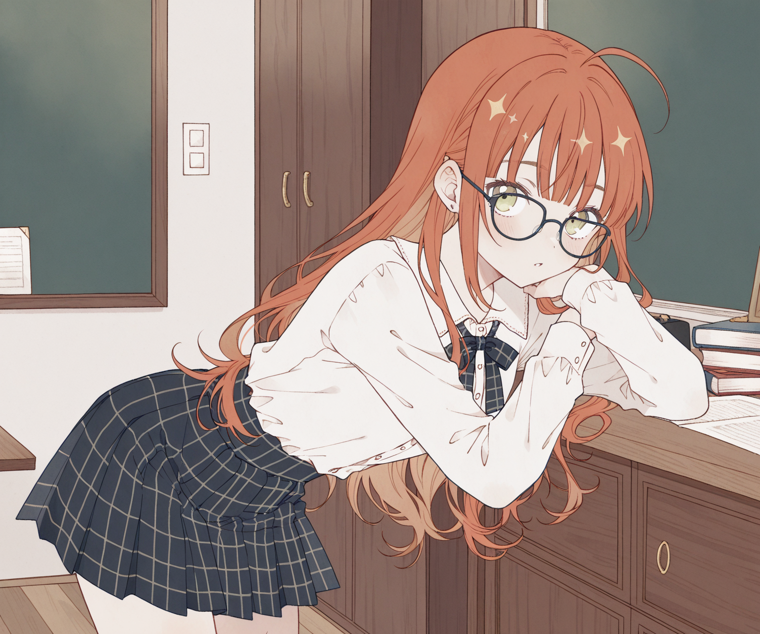 masterpiece, best quality, amazing quality, , 1girl, solo, glasses,  looking at viewer, shirt, skirt,   <lora:o0Platinum0o style ILL-v2:1>  o0Platinum0o, detailed background