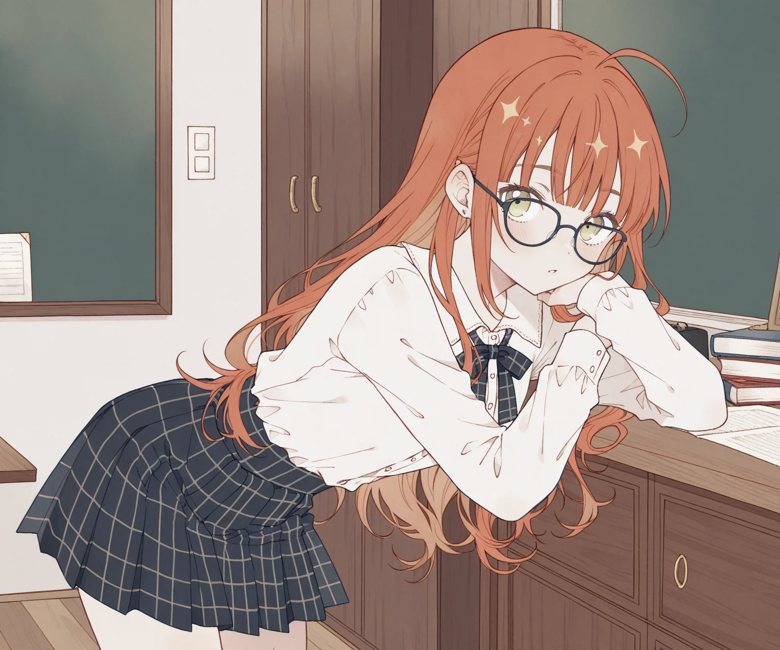 masterpiece, best quality, amazing quality, , 1girl, solo, glasses, looking at viewer, shirt, skirt, <lora:o0Platinum0o style ILL-v2:1> o0Platinum0o, detailed background