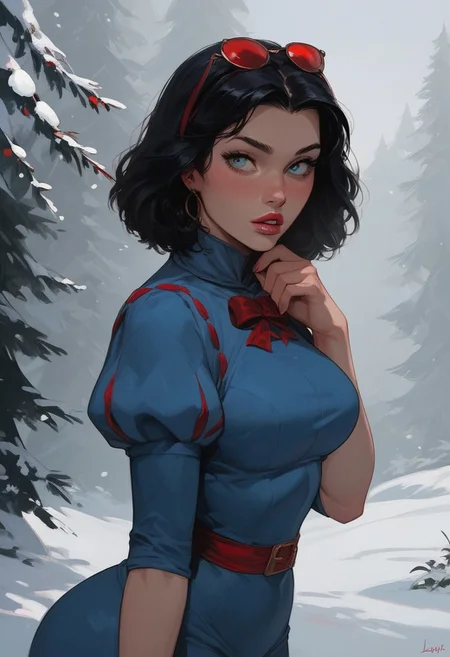 (score_9, score_8_up, score_7_up), 1woman, ass, apple-framed sunglasses, Winter sky, Large breasts, day, Disney Snow White and the Seven Dwarves, Snow White, Red and Blue Short dress, lips, Short Black hair, looking forward, eye contact, (blushing), lustful, sexy pose, looking at viewer, solo, Large breasts, outside, Winter Forest, parted lips,