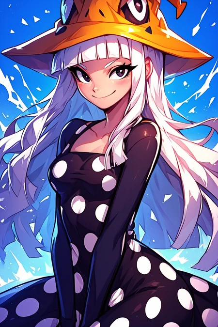 score_9, score_8_up, score_8, medium breasts, (curvy), cute, eyelashes, BREAK, , zzEruka, black eyes, white hair, blunt bangs, long hair, orange hat, polka dot dress, black dress, black sleeves, pantyhose, <lora:ErukaFrog_SoulEater_PDXL_v2:1.0>, , BREAK, embedding:zPDXL, Expressiveh, ,,, <lora:EnergyCAT:1.0>, solo, smile, looking at viewer, aura, blue sky, ,,, <lora:SDXLFaeTastic2400:0.5>, <lora:Expressive_H-000001:0.4>,