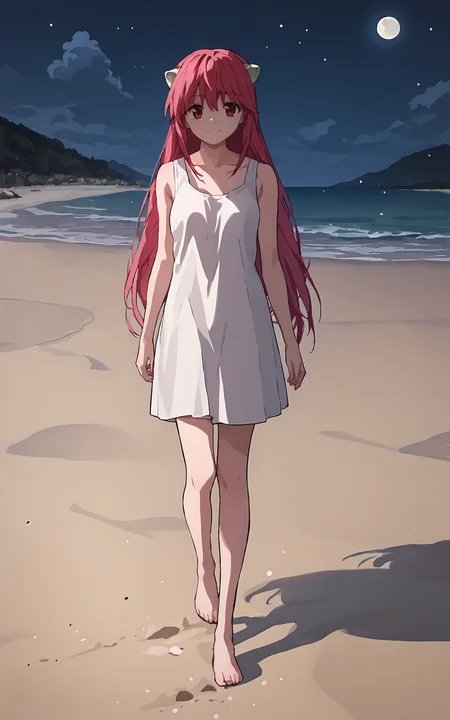 score_9, score_8_up, score_7_up, score_6_up, score_5_up, score_4_up,source_anime,Lucy, 1girl, solo, long hair, horns, red eyes,pink hair, skirt, white tanktop, red hair,no pants,barefoot, slight smile, looking at viewer, footsteps in sand,walking on sandy beach at ((night, dark:1.1)),moon,<lora:LucyPXL-000009:1>
